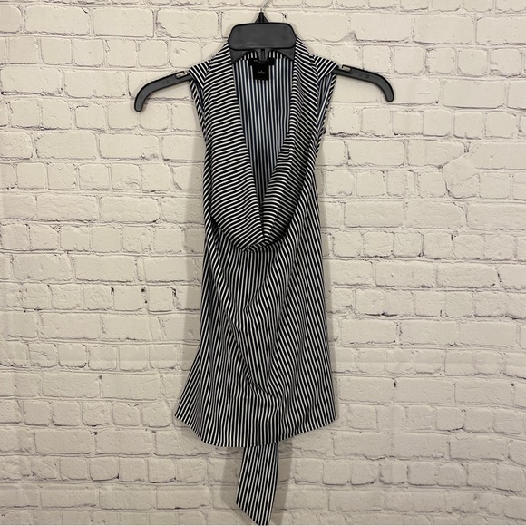 Ann Taylor Womens Shirt 2 Black White Striped Sleeveless Cowl Neck Back Tie - Picture 1 of 4